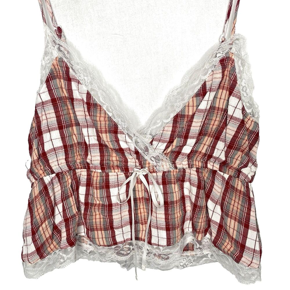 American Eagle Plaid Halter Womens M Crop Top Babydoll Lace Trim Cami Red White
